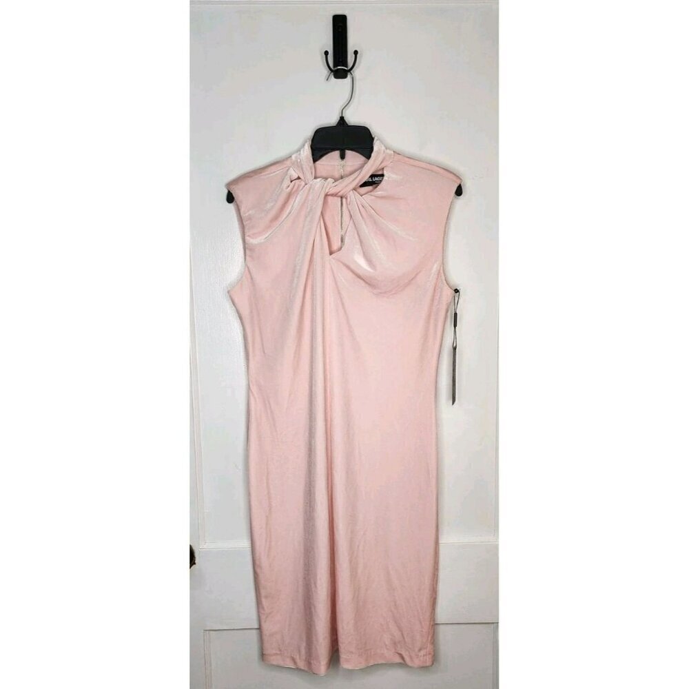 NWT Size 8 Karl Lagerfeld Iced Pink Velvet Dress Knotted Neckline Zip Closure